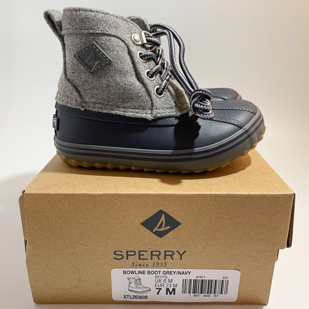Sperry Bowline Boys Duck Boots - Grey/Navy Sz 7 Toddler